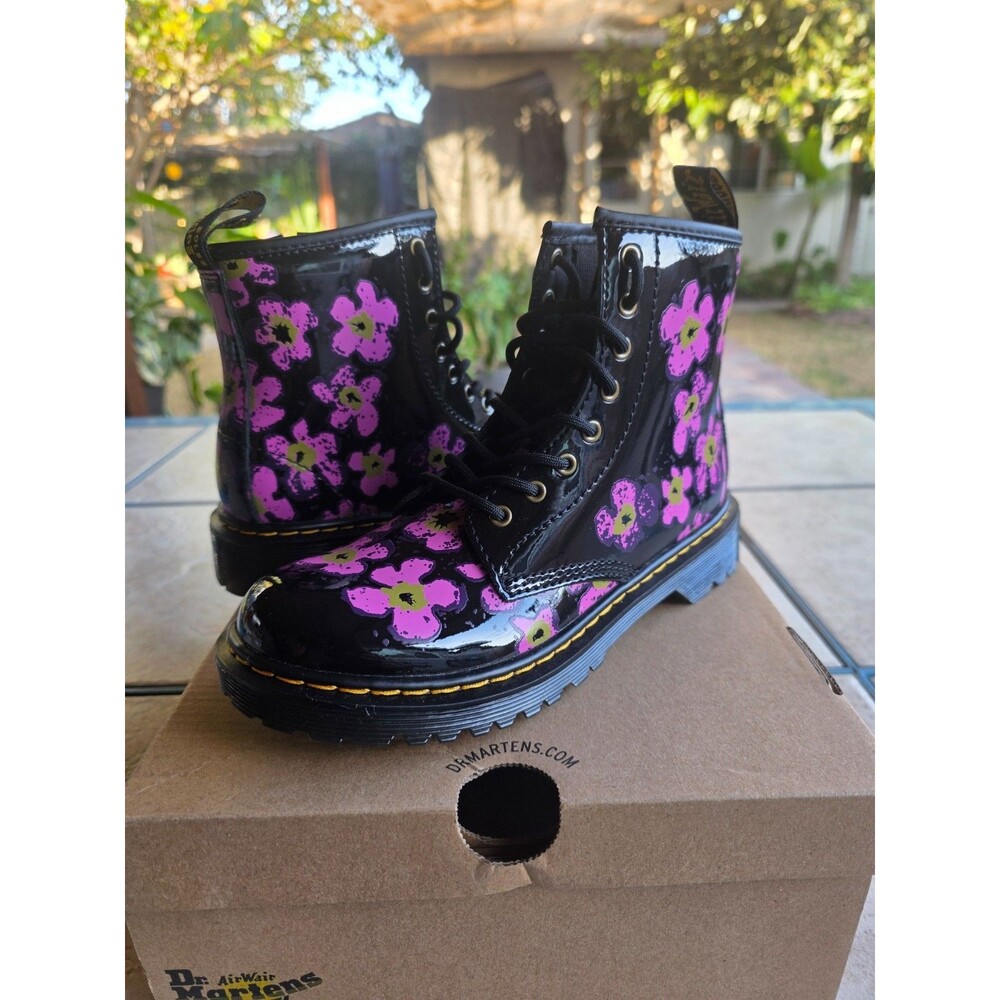 Dr Martens 1460J Youth Size 3 Black Pink Floral Patent Lace Up Boots New No Box